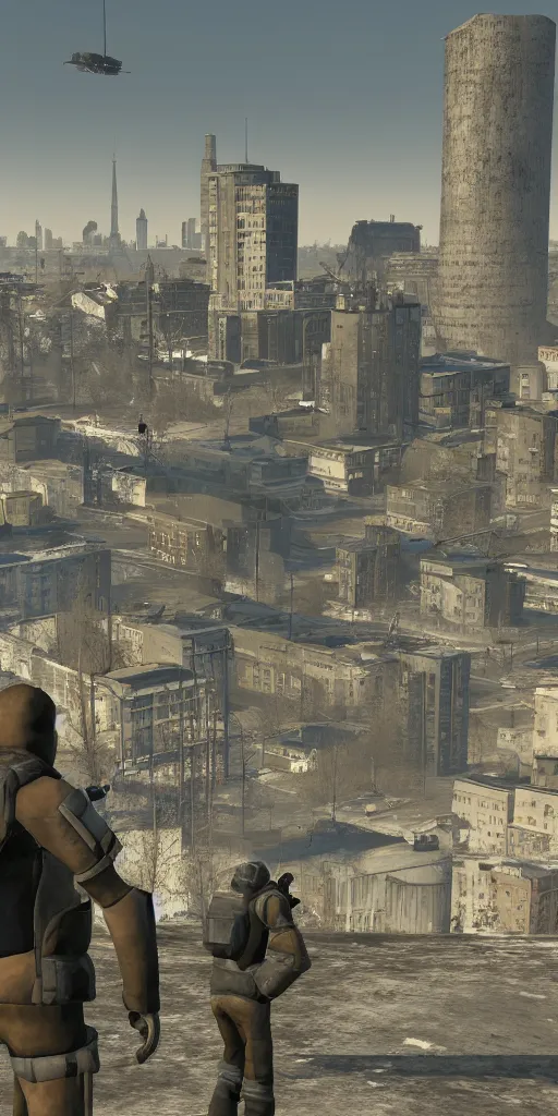 Prompt: half - life 2, city 1 7, eastern europe city, post ussr, citadel in view, extra long shot