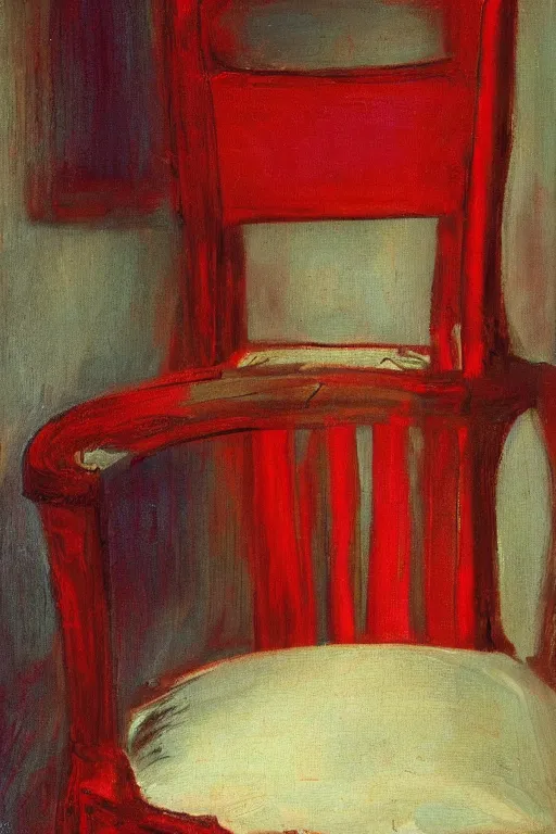 Image similar to an empty red dress laid across a chair in a dark victorian era room. in the style of american impressionism painting. triadic color scheme.