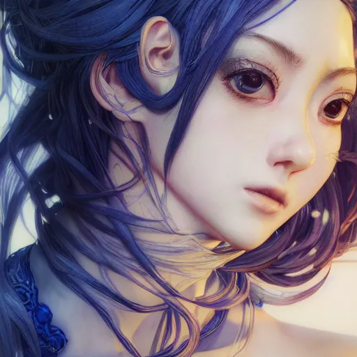 Image similar to the portrait of a blueberry that resembles an absurdly beautiful, graceful, elegant, sophisticated anime gravure idol, an ultrafine hyperdetailed illustration by kim jung gi, irakli nadar, intricate linework, bright colors, octopath traveler, final fantasy, unreal engine 5 highly rendered, global illumination, radiant light, detailed and intricate environment