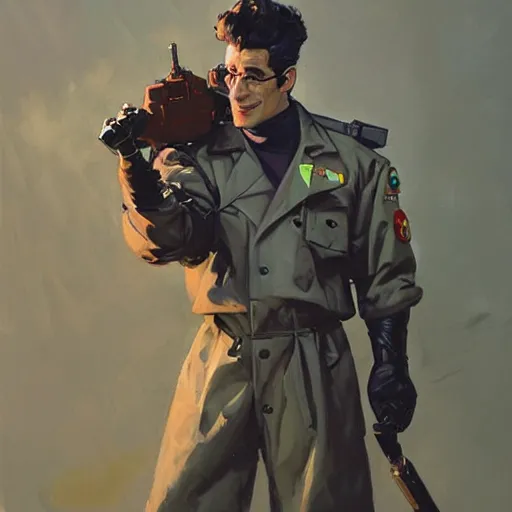 Image similar to greg manchess portrait painting of armored ghostbuster egon spengler as overwatch character, medium shot, asymmetrical, profile picture, organic painting, sunny day, matte painting, bold shapes, hard edges, street art, trending on artstation, by huang guangjian and gil elvgren and sachin teng