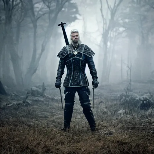 Prompt: karl urban as the witcher, 4 k, epic, cinematic, focus, movie still, fantasy, serious, extreme detail, atmospheric, dark colour