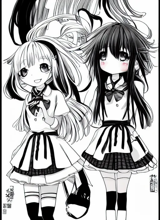 Image similar to manga style, black and white manga, multi - panel kawaii chibi manga, school girl kuudere, by gen urobuchi and yuyuko takemiya, japanese language, aharen - san