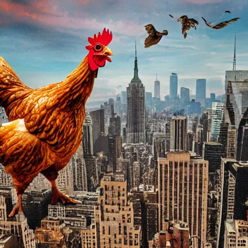 Prompt: A giant chicken destroying manhattan