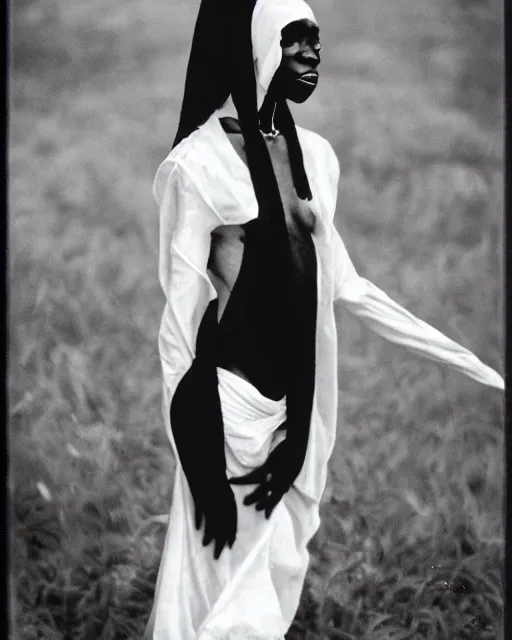 Image similar to ancient nilotic african androgynous vampire woman with demonic eyes, photograph, 3 5 mm film