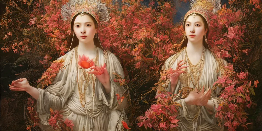 Image similar to breathtaking detailed concept art painting of the goddess of flamingo, orthodox saint, with anxious, piercing eyes, ornate background, amalgamation of leaves and flowers, by Hsiao-Ron Cheng and John James Audubon, extremely moody lighting, 8K