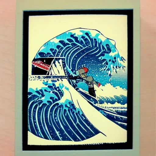 Image similar to snowboarder snowboarding woodblock print, style of hokusai, fine art, style of kanagawa, painting