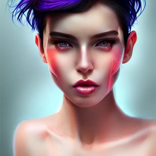 Prompt: half - electric striking woman, cute - fine - face, pretty face, oil slick hair, realistic shaded perfect face, extremely fine details, realistic shaded lighting, dynamic background, artgerm, 8 k ultra realistic, highly detailed, kan liu