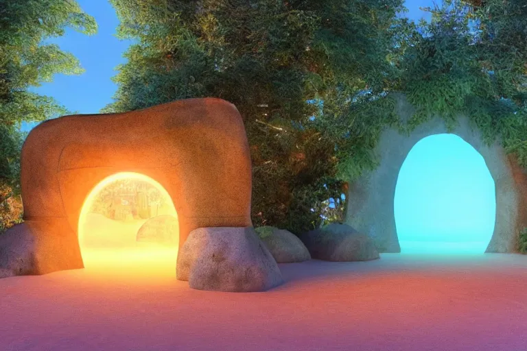 Image similar to a magical glowing portal in the middle of a city that leads to a beach, realistic