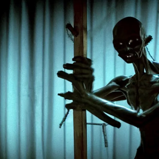 Prompt: an alien getting crucified in an experimental lab, found footage video