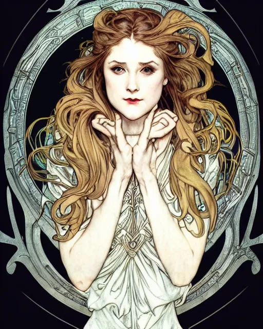 Image similar to in the style of artgerm, arthur rackham, alphonse mucha, evan rachel wood, symmetrical eyes, symmetrical face, flowing white dress