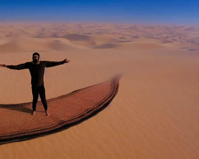 Image similar to a brown man floating on a magical carpet ride over the arabic desert.