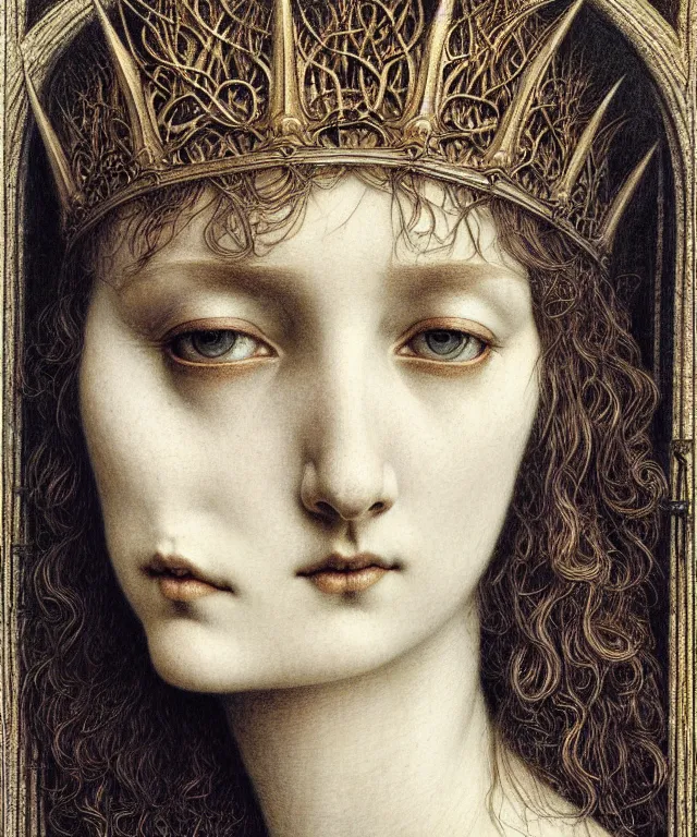 Image similar to detailed realistic beautiful young medieval queen face portrait by jean delville, gustave dore and marco mazzoni, art nouveau, symbolist, visionary, gothic, pre - raphaelite. horizontal symmetry