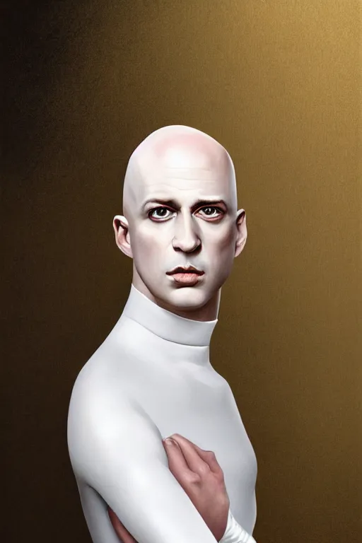Image similar to a bald pale white man in his late ninetees. stately and dour in his expression. eyeliner accentuates his sunken eyes. a high black turtle - neck cover, thin neck. opulent white golden red robe. white leather gloves with gold decoration, sharp focus, illustration, digital painting, art by magali villeneuve