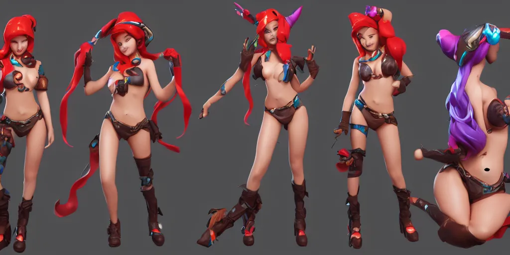 Image similar to Character sheet of pool party miss fortune (League of Legends). 3d octane render trending on artstation