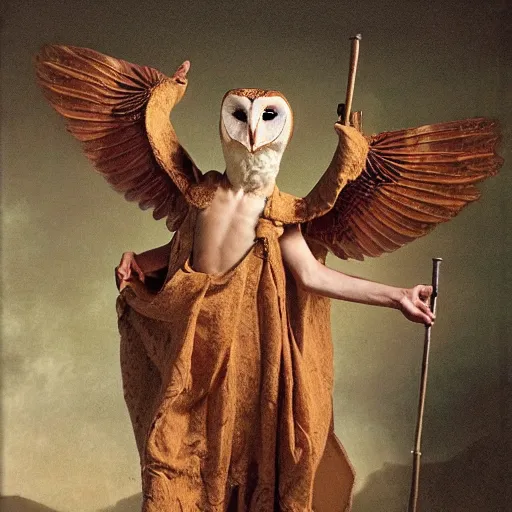 Prompt: humanoid barn owl with wings wearing a roman toga and holding a javelin