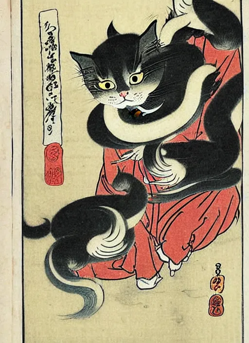 Image similar to persian cats as a yokai illustrated by kawanabe kyosai and toriyama sekien