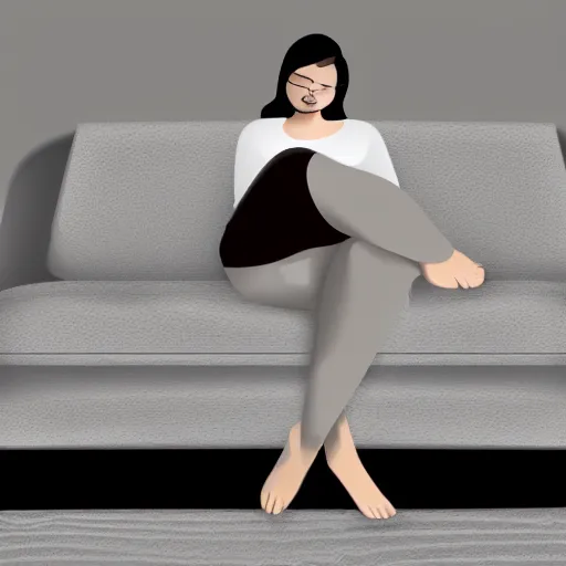 Image similar to a woman clipping her toenails on a grey couch, digital painting, full view, living room, casual