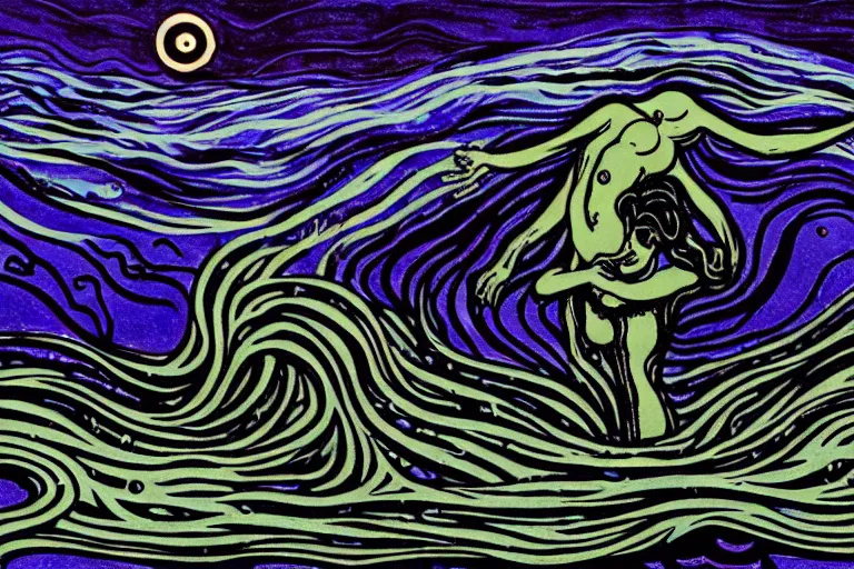 Prompt: despair, drowning, loneliness. collapsing into spiral oblivion, the weeping visage of a longing dreamer in desolation. cosmic void, abyssal ocean depths, art nouveau art deco, vibrant darkness, by jackson pollock and edvard munch and rebecca guay and carl critchlow. moody, murky. glimmering hopes last gasp in the endless waters. gouache painting.