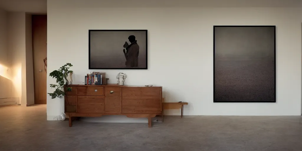 Prompt: a room wall with pictures, artwork by tim eitel