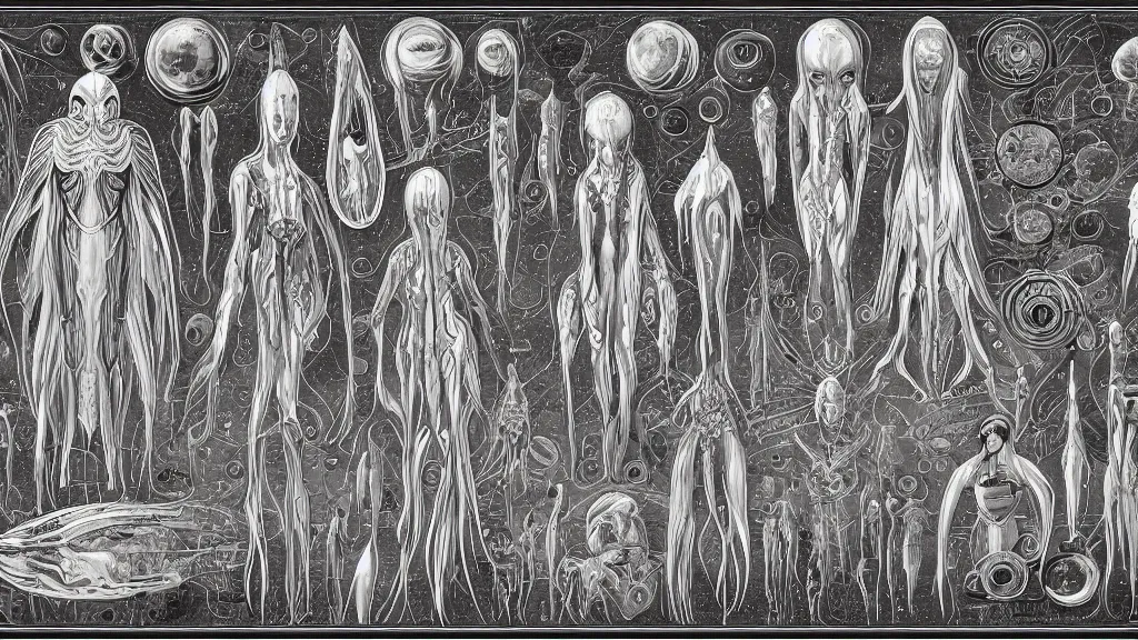 Image similar to character sheet for an extraterrestrial with large bulbous head, religious robes, retrofuture, ernst haeckel, fantastic planet, moebius, valerian, coherent, illustration, digital art, trending on artstation, hd, 8 k, good lighting, beautiful, rough paper, masterpiece