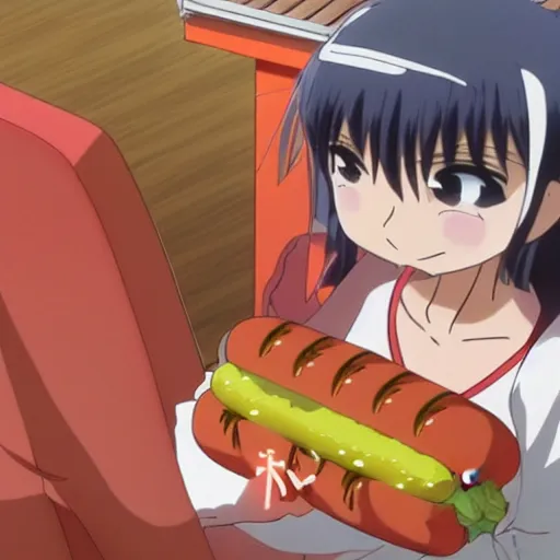 Image similar to still from anime film by makoto shintai of a hotdog