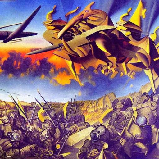 Prompt: vivid battlefield in colour by Szukalski