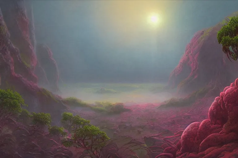 Prompt: digital painting of a foggy lush natural scene on an alien planet by gerald brom. digital render. detailed. beautiful landscape. colourful weird vegetation. cliffs and water.