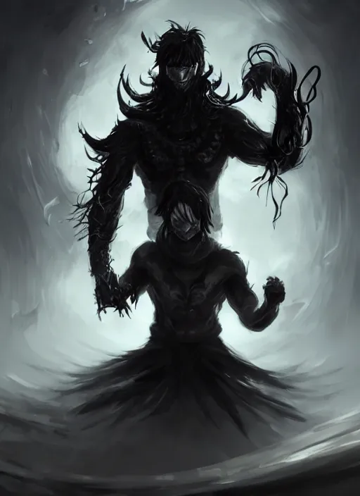 Prompt: a highly detailed illustration of fierce korean man with bowl cut black hair wearing tie with giant black claws, evil wielding giant black fog claws pose, foggy lovecraftian black mist surrounding background, perfect face, intricate, elegant, highly detailed, centered, digital painting, artstation, concept art, smooth, sharp focus, league of legends concept art, wlop.