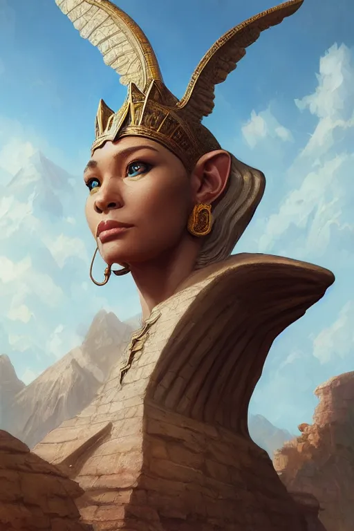 Image similar to legendary sphinx, highly detailed, d & d, fantasy, highly detailed, digital painting, trending on artstation, concept art, sharp focus, illustration, global illumination, ray tracing, realistic shaded, art by artgerm and greg rutkowski and fuji choko and viktoria gavrilenko and hoang lap