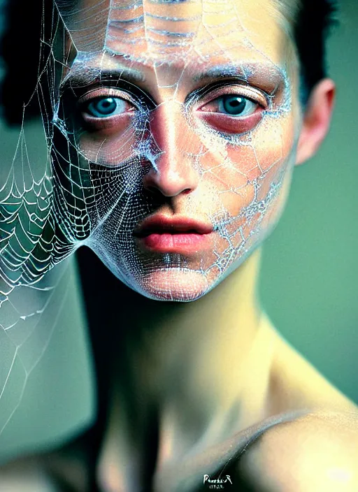 Prompt: Kodak Portra 400 of a beautiful woman, highly detailed, young robin write style 3/4 , fine art portrait photography by Paolo Roversi, face and body merging with opalescent spiderwebs with drops, elegant bust and neck with intricate spiderwebs details, symbolic metamorphosis complex 3d render , 150 mm lens, art nouveau fashion embroidered, elegant, hyper realistic, ultra detailed, octane render, soft colours scheme, emotionally evoking, head in focus, fantasy, soft blur background light, volumetric lighting, Refined, Highly Detailed, fine art fashion magazine style, 8k post production