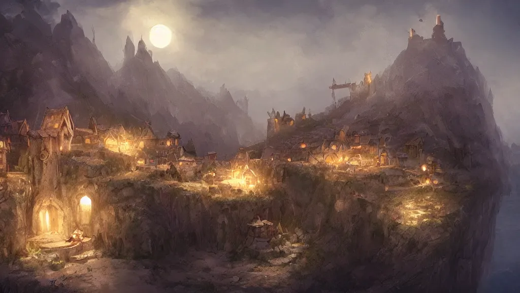 Image similar to A medieval fantasy village on the side of a cliff by the ocean , crescent moon, light glowing from windows at night, smoke from chimneys concept art by James Paick