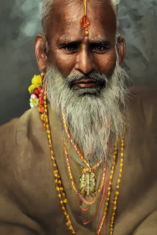 Image similar to hindu priest, close - up portrait, devoted, intricate, elegant, volumetric lighting, scenery, digital painting, highly detailed, artstation, sharp focus, illustration, concept art, ruan jia, steve mccurry