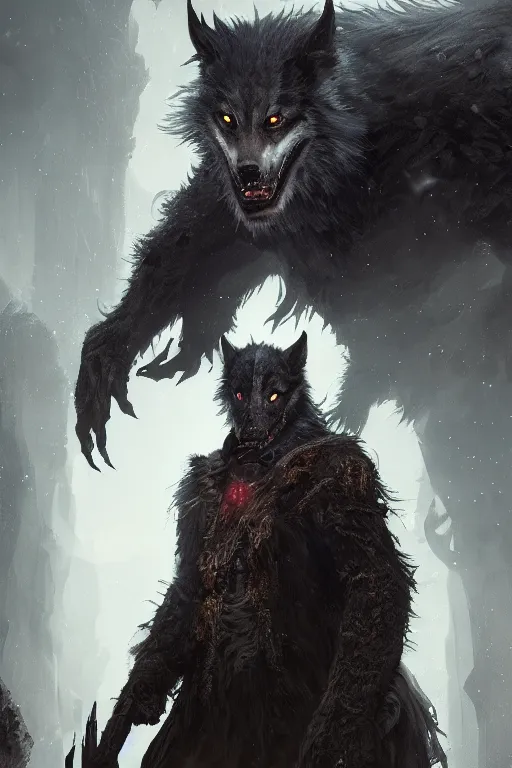 Prompt: A fancy portrait of werewolf by Greg Rutkowski, Sung Choi, Mitchell Mohrhauser, Maciej Kuciara, Johnson Ting, Maxim Verehin, Bloodborne, 8k photorealistic, volumetric lighting, HD, high details, dramatic, dark atmosphere, trending on artstation