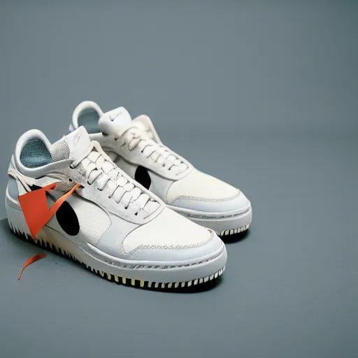 Image similar to a studio photoshoot of Nike sneakers designed by Virgil Abloh, leather and suede, Off-White, realistic, color film photography by Tlyer Mitchell, 35 mm, graflex