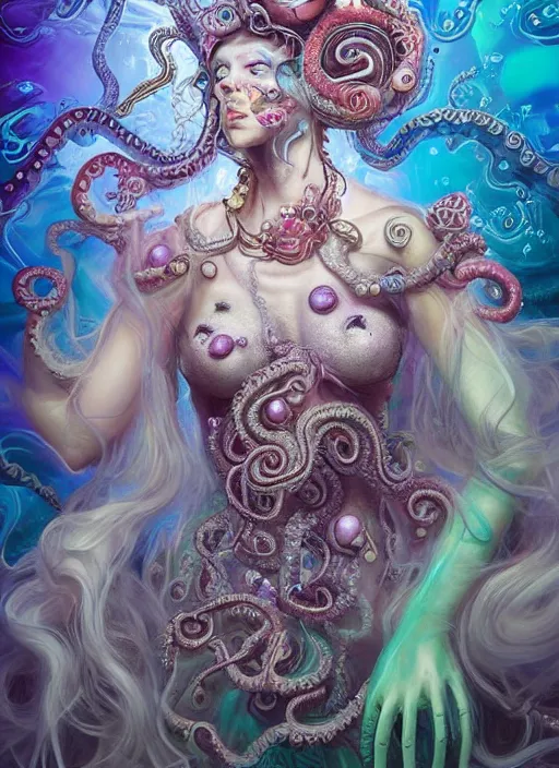 Image similar to A full body shot of a cute and mischievious monster girl wearing an ornate ball gown made of opals and tentacles. Fancy Dress under the sea. Subsurface Scattering. Translucent Skin. Rainbow palette. defined facial features, symmetrical facial features. Opalescent surface. beautiful lighting. By Giger and Ruan Jia and Artgerm and WLOP and William-Adolphe Bouguereau. Photo real. Hyper-real. Photorealism. Fantasy Illustration. Sailor Moon hair. Masterpiece. trending on artstation, featured on pixiv, award winning, cinematic composition, dramatic pose, sharp, details, Hyper-detailed, HD, HDR, 4K, 8K.