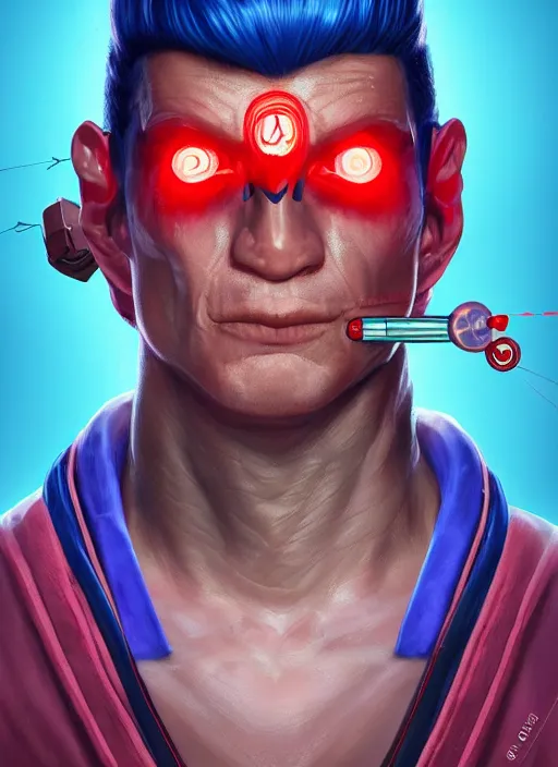 Image similar to a portrait of Franky the cyborg as a real man, wearing a traditional kimono dress, blue elvis hair, handsome chad chin, glowing red laser left-eye, intricate, highly detailed, digital painting, artstation, concept art, smooth, sharp focus, illustration, art by Gustave Baumann, matte painting