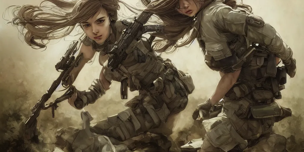 Image similar to soldier girl, anatomy, ground explosion, anime style, long hair, hair down, symmetrical facial features, under heavy fire, hyper realistic, pale skin, 4 k, rule of thirds, extreme detail, detailed drawing, trending artstation, hd, fantasy, d & d, realistic lighting, by alphonse mucha, greg rutkowski, sharp focus, backlit, soldier cloth