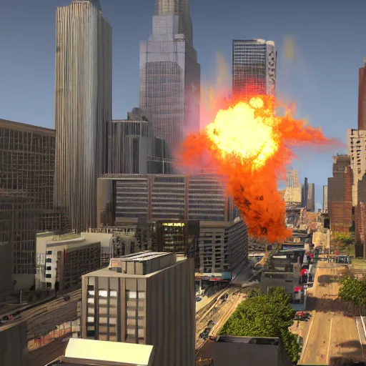 Image similar to A huge fireball impacts downtown, photorealistic, detailed, 8K