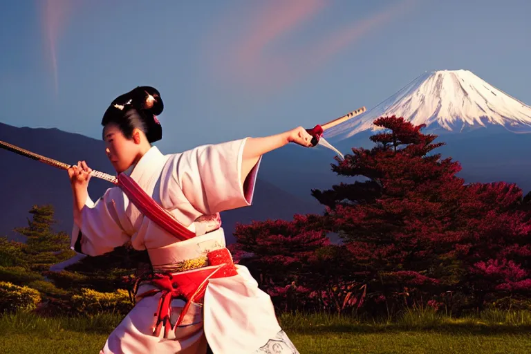 Prompt: beautiful photo of a geisha samurai warrior, mt fuji in the background, mid action swing, muted pastels, action photography, 1 / 1 2 5 shutter speed, back lit lighting