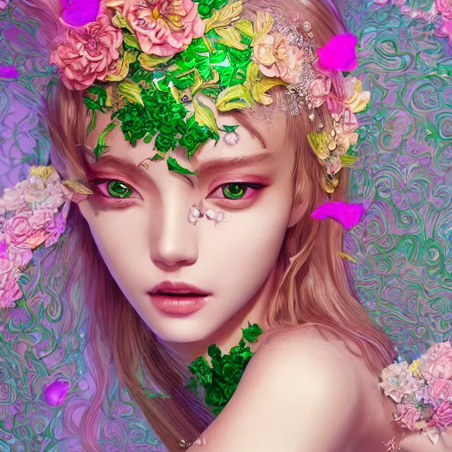 Image similar to an absurdly beautiful, elegant, young hypercolorful sensual gravure idol partially made up of emeralds and green petals, ultrafine hyperrealistic detailed face illustration by kim jung gi, irakli nadar, intricate linework, sharp focus, bright colors, matte, octopath traveler, final fantasy, unreal engine highly rendered, global illumination, radiant light, intricate environment