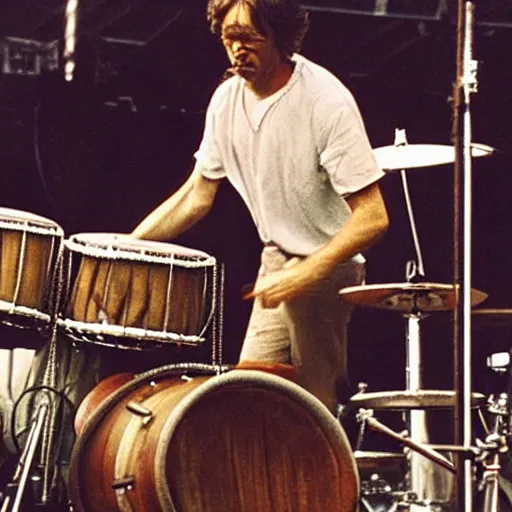 Image similar to a man plays a drum solo on stage at Woodstock, award winning