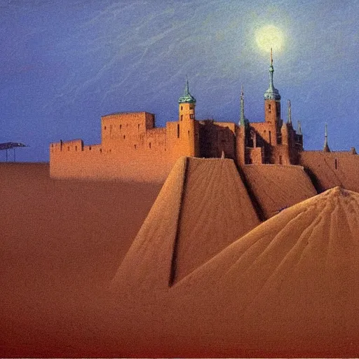 Image similar to Beksinski painting of Cracow Wawel castle buried in the sands of a vast desert, most of the castle is covered in sand, beautiful lighting, detailed, realistic