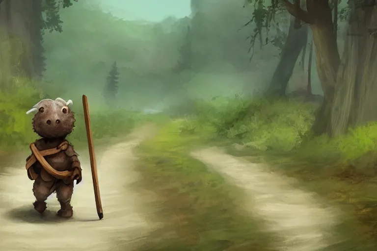 Image similar to a lone kobold carrying a bindle stick, traveling long dirt road, d & d, fantasy setting, 4 k, digital art