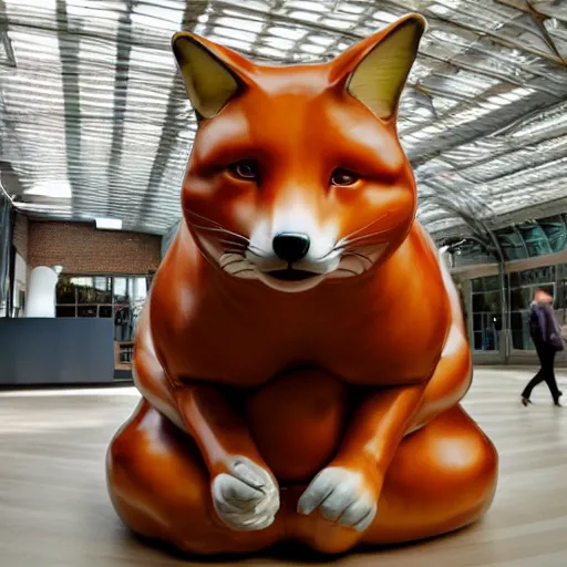 Image similar to rotund obese fox, glossy resin statue, Ron Mueck masterpiece in exhibition, wide angle shot