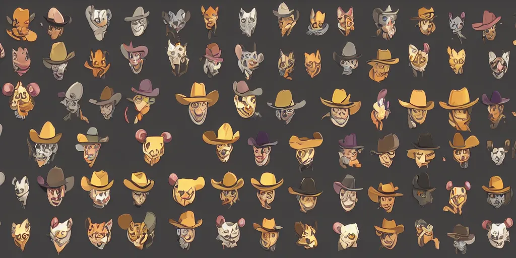 Prompt: game asset of unique cat heads wearing cowboy hats on black background, organic, animated disney movie palette, animated disney movie black inking, 5 colors, flat 2 d design, 2 d sprites, 8 k, close up