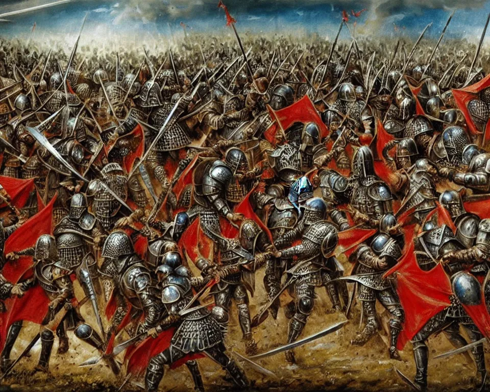 Prompt: A medieval battle between two armies of warriors. The first army on the left is dressed in detailed elaborate spiked armor. The second army on the right is dressed in berserk armor. The sky is visible. Puddles and splashes of blood, severed limbs, anger on faces. Extremely high detail, realistic, medieval fantasy art, masterpiece, art by Zdzisław Beksiński, Boris Vallejo