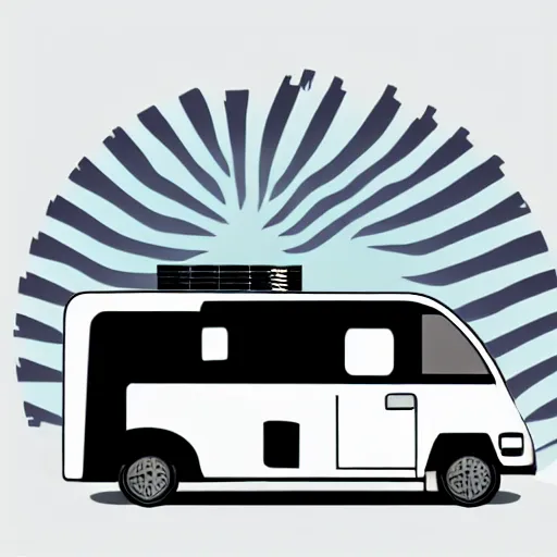 Image similar to very very very stylized minimal vector graphic of a thor chateau motorhome, hills and sunset, white background, all enclosed in a circle, professional minimal graphic design cartoon