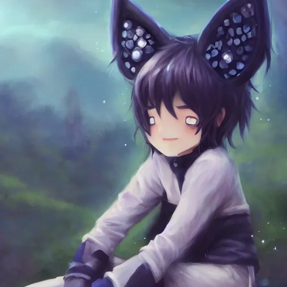 Image similar to emo boy with cat ears and tail sitting, full body, blushing, short smile, fluffy hair covering, fantasy painting, cinematic lightning, highly detailed, trending on Artstation, Unreal Engine 4k, watercolour, pastel!!!!!!!!!!!!!!!, very very very very very very very very beautiful.