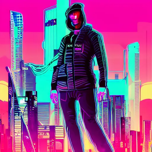 Prompt: cyberpunk hacker surfing through synthwave cyberspace