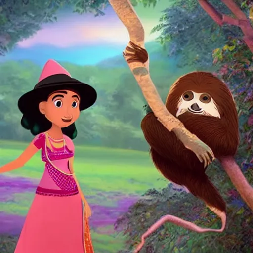 Image similar to a beautiful young indian cottagecore witch holds a cute sloth, disney animation, highly detailed